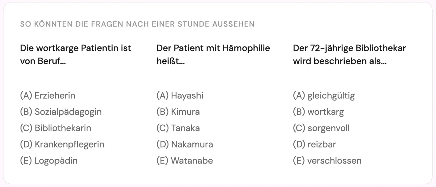 Beispielhafte Reproduktionsfragen im TMS Untertest Fakten lernen