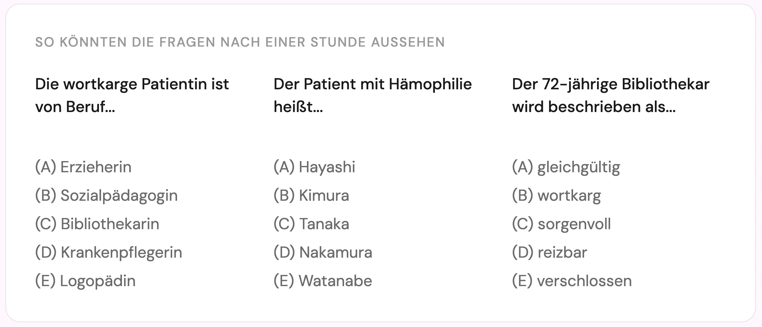 Beispielhafte Reproduktionsfragen im TMS Untertest Fakten lernen
