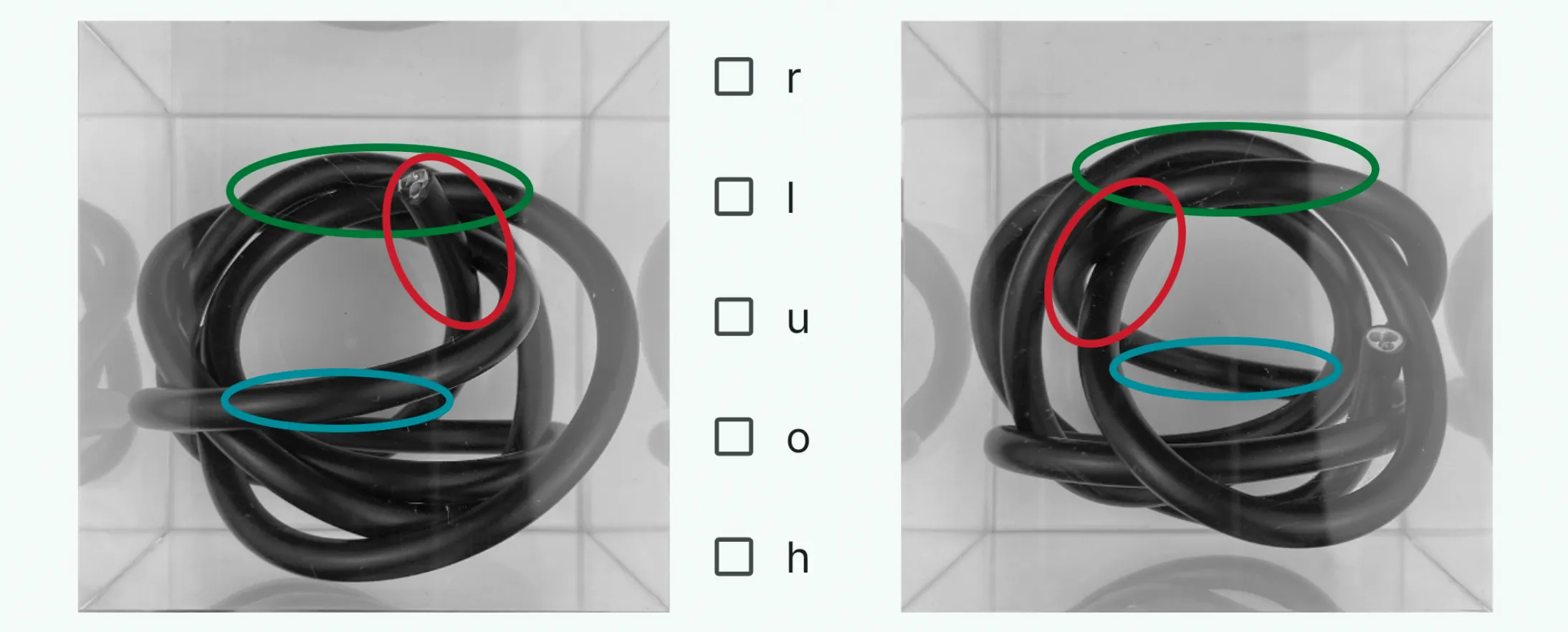 Unübersichtliches Schlauchfiguren-Beispiel mit markierter Spiegelbild-Prüfung