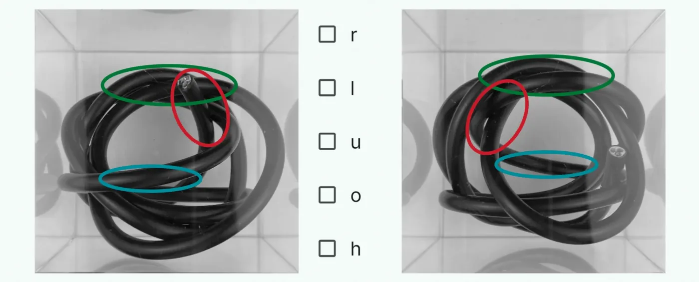 Unübersichtliches Schlauchfiguren-Beispiel mit markierter Spiegelbild-Prüfung
